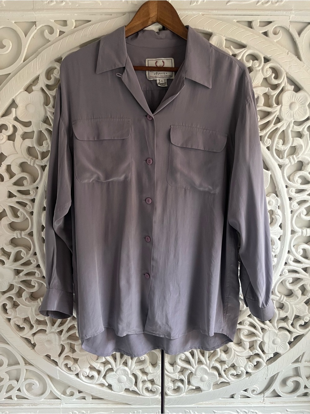 Vintage Alfred Sung Sport 100% Silk Button Up Blouse Lilac Women’s 6